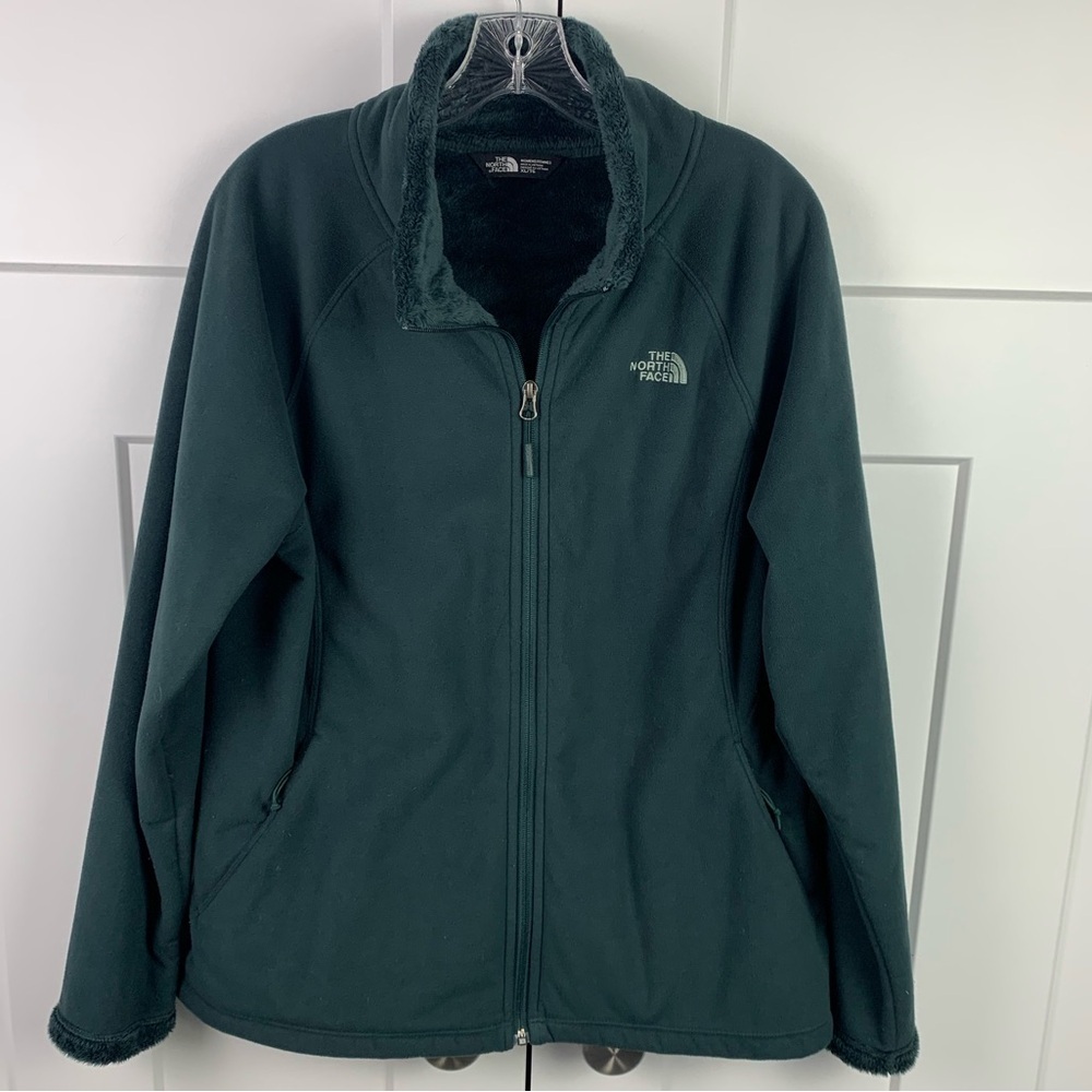 North Face XL Full Zip Jacket Green Fleece Fur Lined Pockets Outdoors Hiking